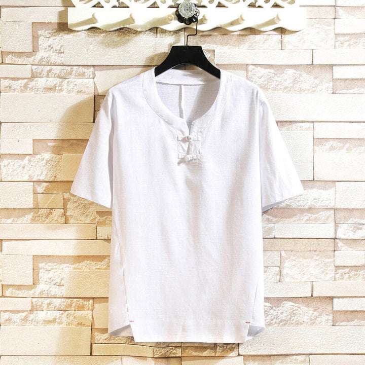 Buddha Stones Summer Chinese Frog-button Men's Solid Color Button Short Sleeve Cotton Linen Shirt
