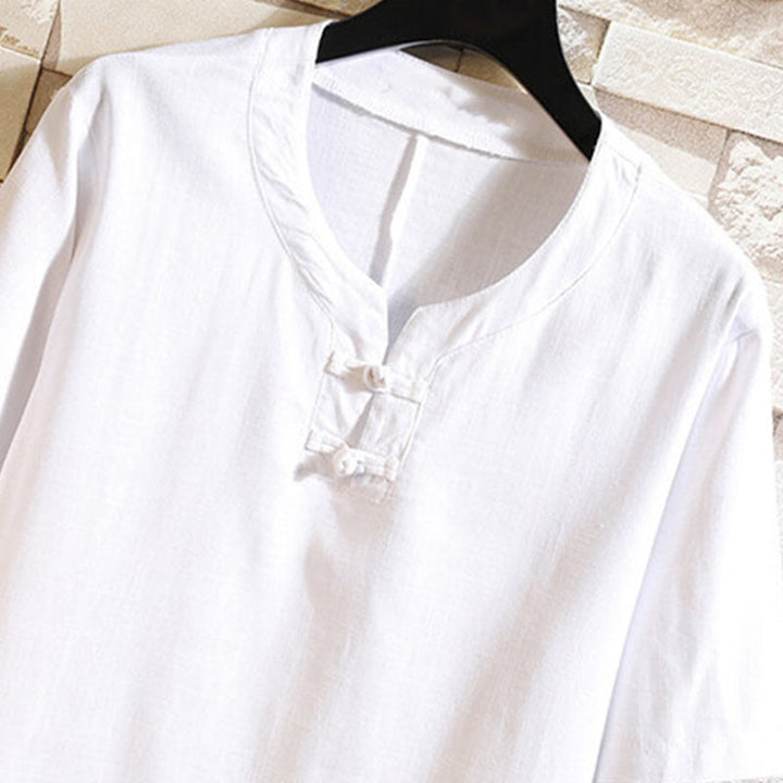 Buddha Stones Summer Chinese Frog-button Men's Solid Color Button Short Sleeve Cotton Linen Shirt