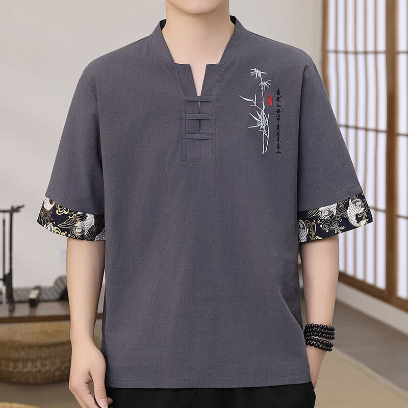 Buddha Stones Summer Embroidery Bamboo Pattern Patchwork Design Men's Half Sleeve Cotton Linen T-Shirt - SlateGray - US/UK/AU46，EU56 (5XL) - image 2