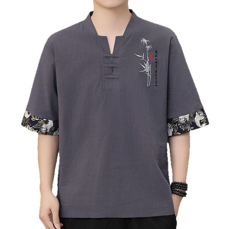 Buddha Stones Summer Embroidery Bamboo Pattern Patchwork Design Men's Half Sleeve Cotton Linen T-Shirt - image 3