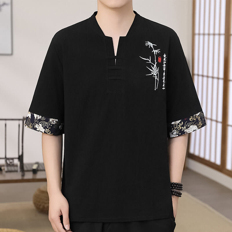 Buddha Stones Summer Embroidery Bamboo Pattern Patchwork Design Men's Half Sleeve Cotton Linen T-Shirt - Black - US/UK/AU46，EU56 (5XL) - image 1