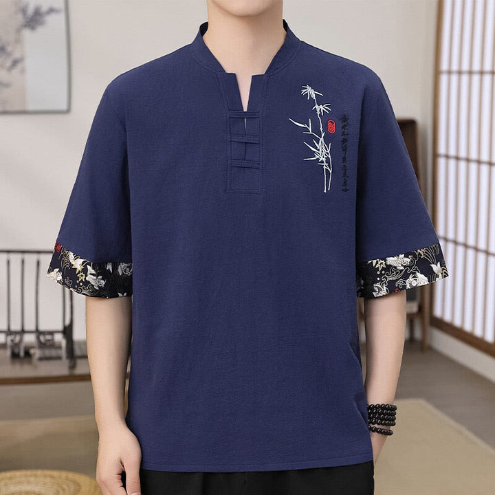 Buddha Stones Summer Embroidery Bamboo Pattern Patchwork Design Men's Half Sleeve Cotton Linen T-Shirt - DarkSlateBlue - US/UK/AU46，EU56 (5XL) - image 4