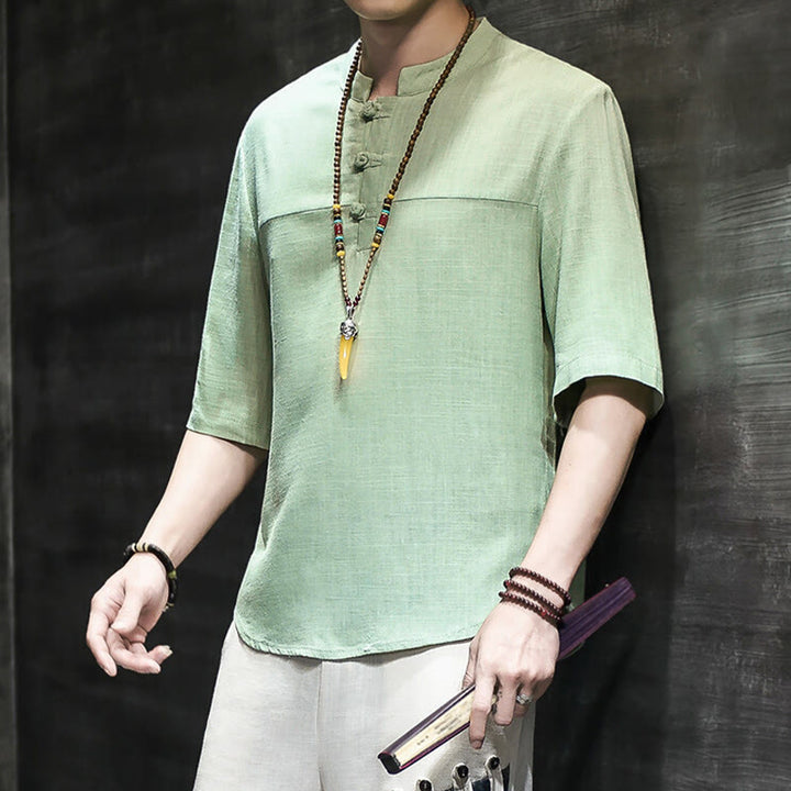 Buddha Stones Casual Vintage  Chinese Frog-Button Men's Half Sleeve Cotton Linen T-Shirt
