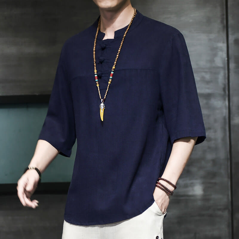 Buddha Stones Casual Vintage  Chinese Frog-Button Men's Half Sleeve Cotton Linen T-Shirt - MidnightBlue - US/UK/AU46，EU56 (5XL) - image 19