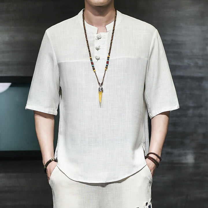 Buddha Stones Casual Vintage  Chinese Frog-Button Men's Half Sleeve Cotton Linen T-Shirt