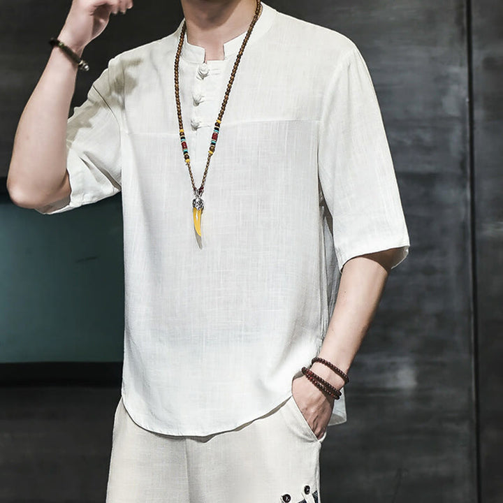 Buddha Stones Casual Vintage  Chinese Frog-Button Men's Half Sleeve Cotton Linen T-Shirt