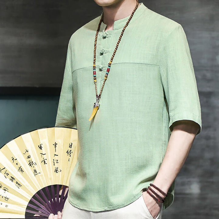 Buddha Stones Casual Vintage  Chinese Frog-Button Men's Half Sleeve Cotton Linen T-Shirt