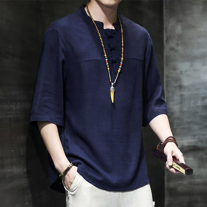 Buddha Stones Casual Vintage  Chinese Frog-Button Men's Half Sleeve Cotton Linen T-Shirt