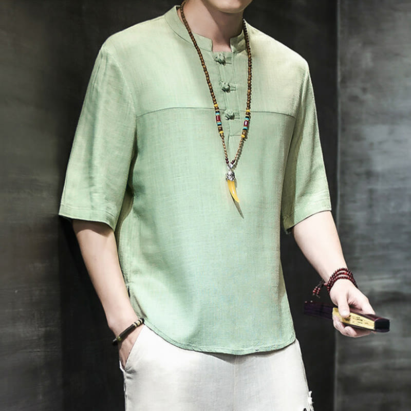 Buddha Stones Casual Vintage  Chinese Frog-Button Men's Half Sleeve Cotton Linen T-Shirt