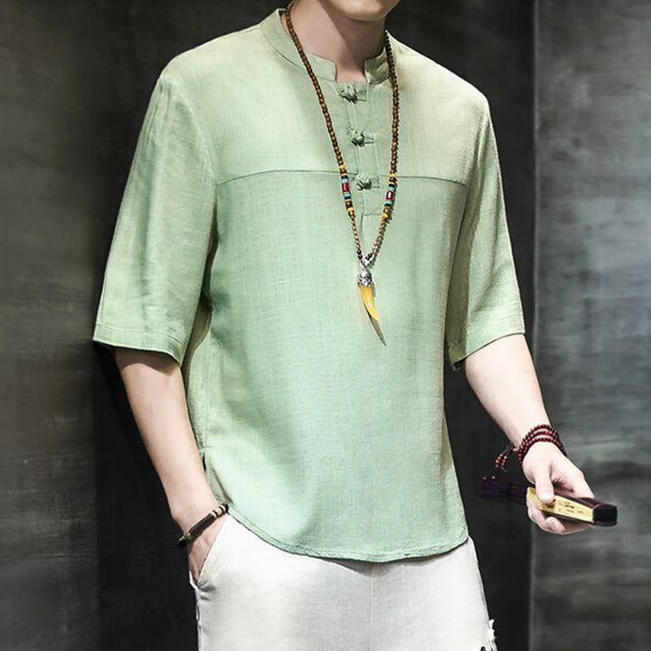 Buddha Stones Casual Vintage  Chinese Frog-Button Men's Half Sleeve Cotton Linen T-Shirt