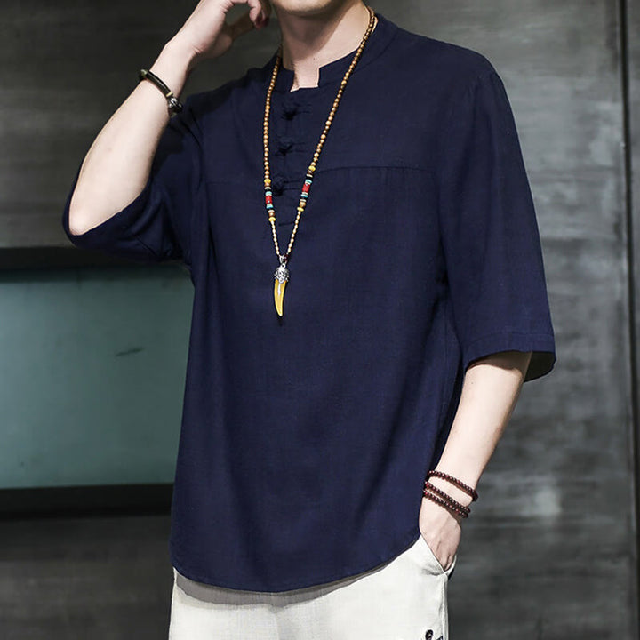 Buddha Stones Casual Vintage  Chinese Frog-Button Men's Half Sleeve Cotton Linen T-Shirt