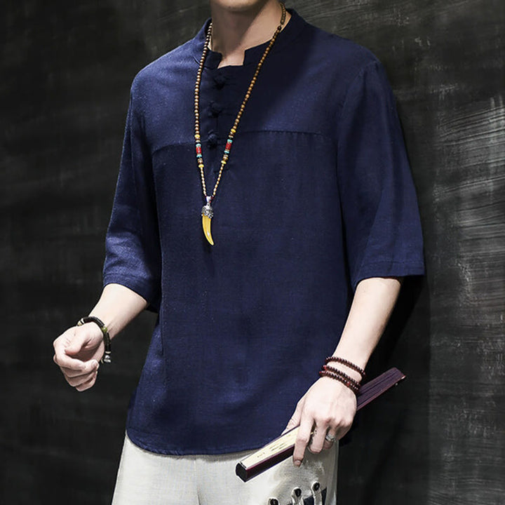 Buddha Stones Casual Vintage  Chinese Frog-Button Men's Half Sleeve Cotton Linen T-Shirt