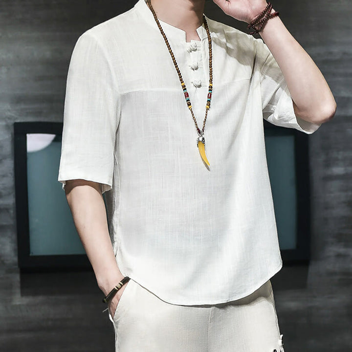 Buddha Stones Casual Vintage  Chinese Frog-Button Men's Half Sleeve Cotton Linen T-Shirt