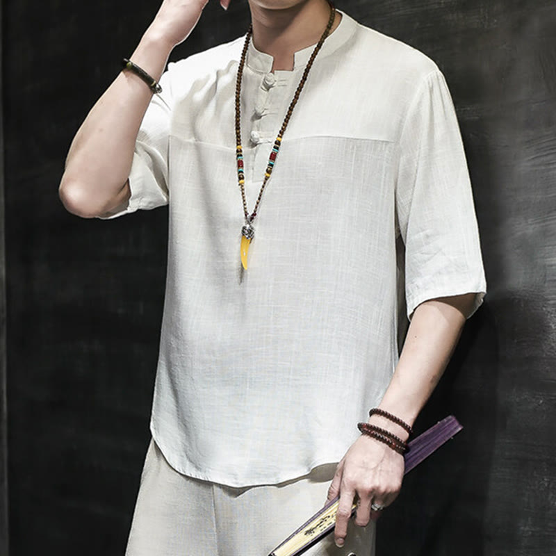 Buddha Stones Casual Vintage  Chinese Frog-Button Men's Half Sleeve Cotton Linen T-Shirt