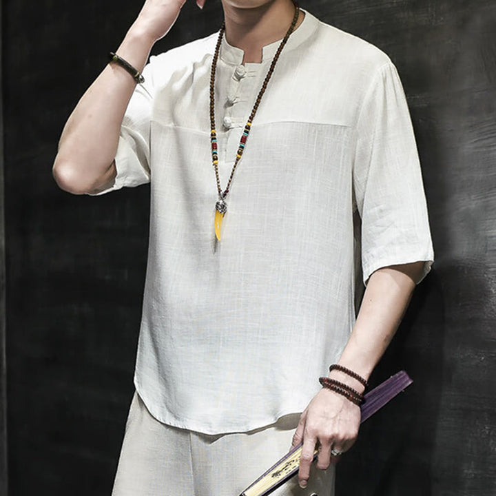 Buddha Stones Casual Vintage  Chinese Frog-Button Men's Half Sleeve Cotton Linen T-Shirt