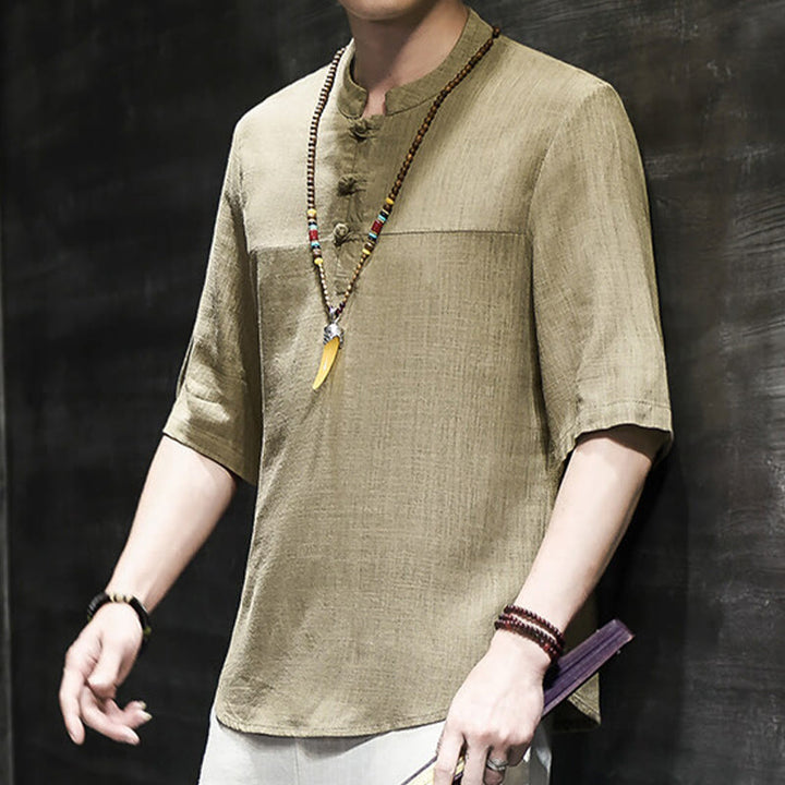 Buddha Stones Casual Vintage  Chinese Frog-Button Men's Half Sleeve Cotton Linen T-Shirt