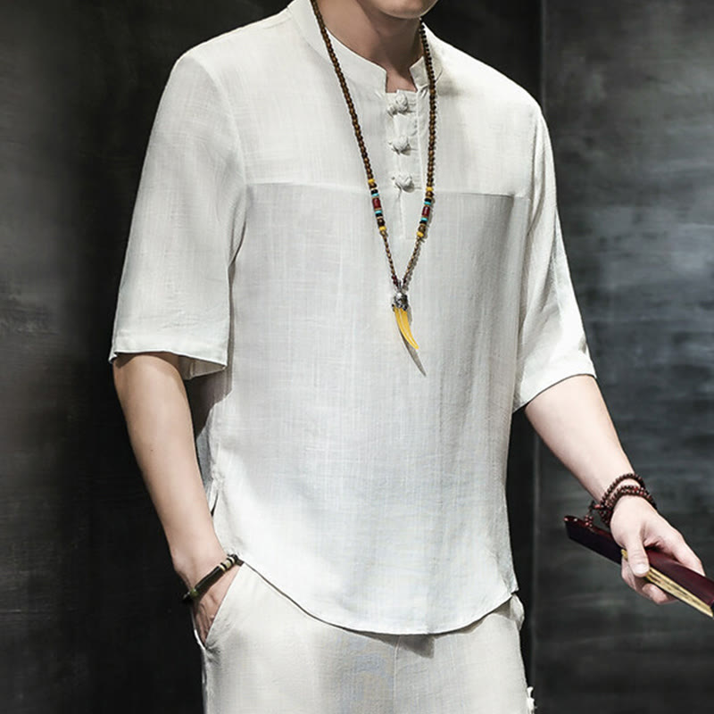 Buddha Stones Casual Vintage  Chinese Frog-Button Men's Half Sleeve Cotton Linen T-Shirt