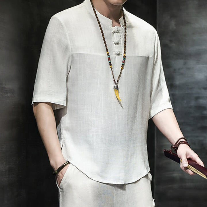 Buddha Stones Casual Vintage  Chinese Frog-Button Men's Half Sleeve Cotton Linen T-Shirt