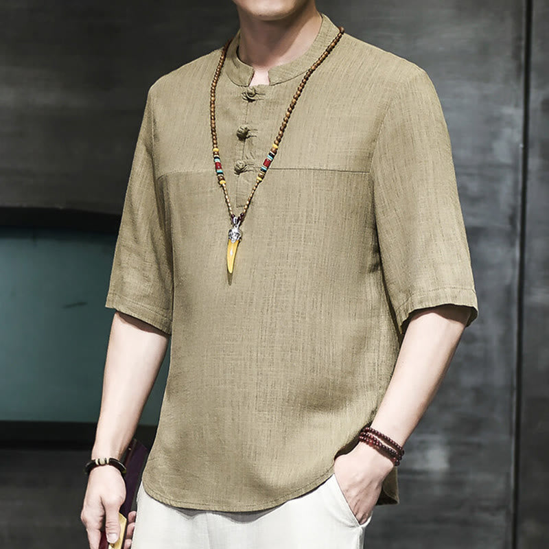 Buddha Stones Casual Vintage  Chinese Frog-Button Men's Half Sleeve Cotton Linen T-Shirt - image 4