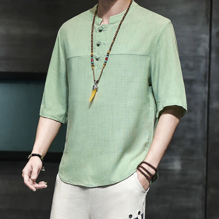 Buddha Stones Casual Vintage  Chinese Frog-Button Men's Half Sleeve Cotton Linen T-Shirt