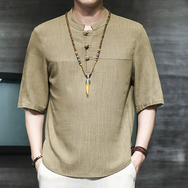 Buddha Stones Casual Vintage  Chinese Frog-Button Men's Half Sleeve Cotton Linen T-Shirt