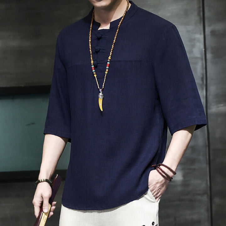 Buddha Stones Casual Vintage  Chinese Frog-Button Men's Half Sleeve Cotton Linen T-Shirt