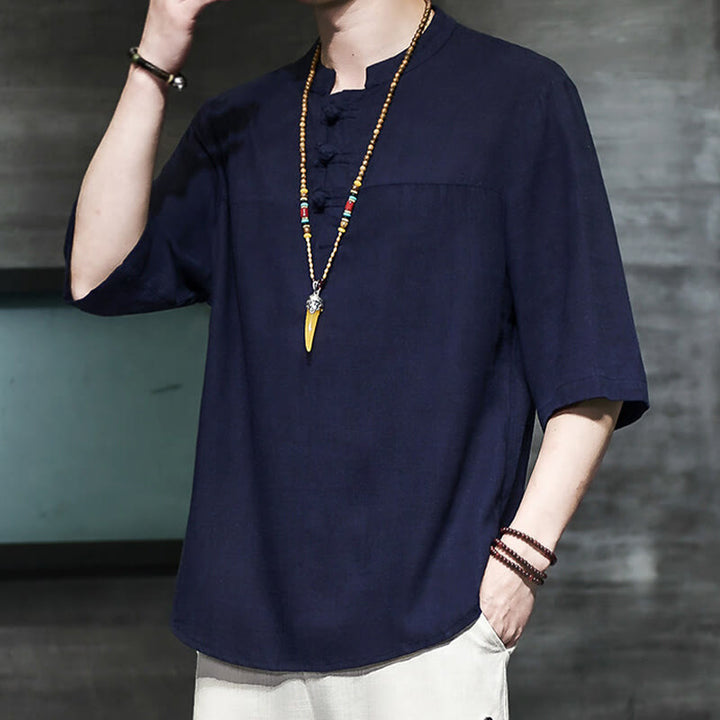 Buddha Stones Casual Vintage  Chinese Frog-Button Men's Half Sleeve Cotton Linen T-Shirt