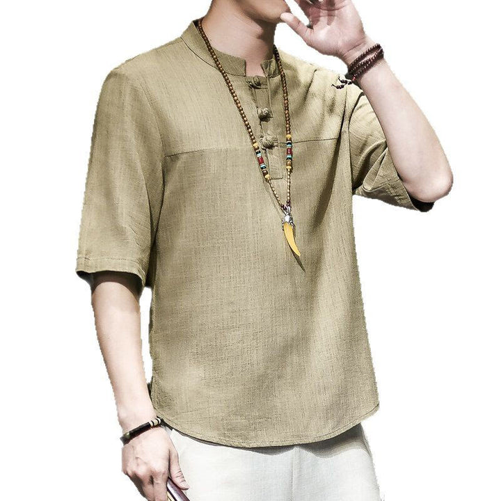 Buddha Stones Casual Vintage  Chinese Frog-Button Men's Half Sleeve Cotton Linen T-Shirt