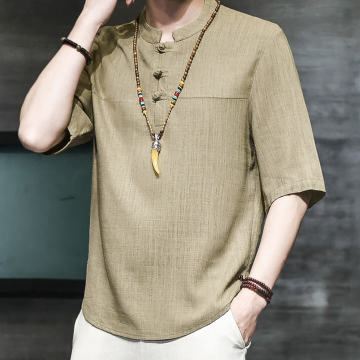 Buddha Stones Casual Vintage  Chinese Frog-Button Men's Half Sleeve Cotton Linen T-Shirt