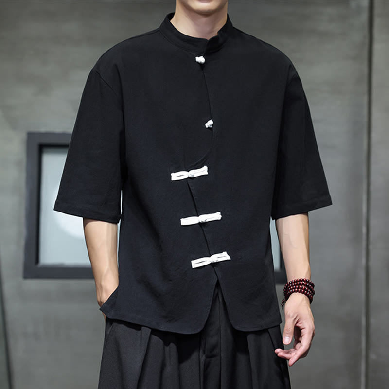Buddha Stones Plain Chinese Frog-Button Stand Collar Cotton Linen Men's Half Sleeve Shirt - image 5