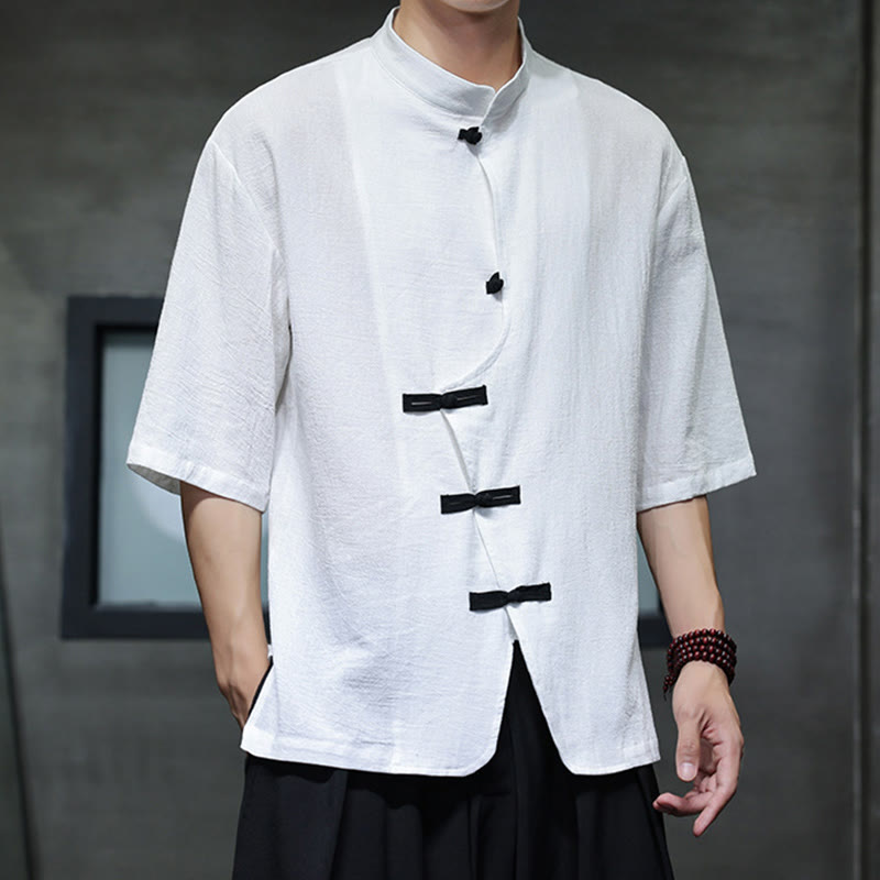 Buddha Stones Plain Chinese Frog-Button Stand Collar Cotton Linen Men's Half Sleeve Shirt - White - US/UK/AU46，EU56 (5XL) - image 6