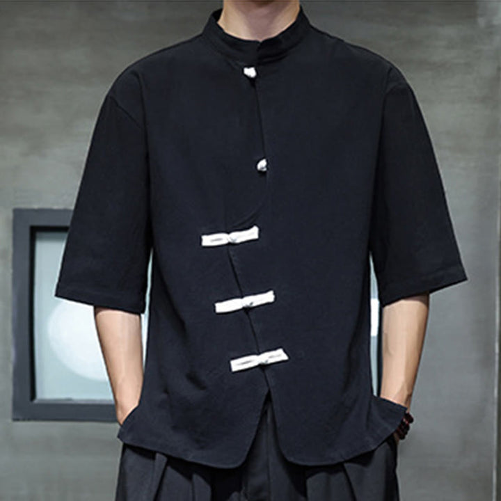 Buddha Stones Casual Plain Chinese Frog-Button Stand Collar Cotton Linen Men's Shirt