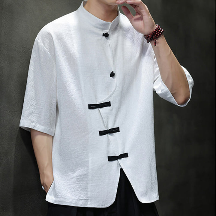 Buddha Stones Casual Plain Chinese Frog-Button Stand Collar Cotton Linen Men's Shirt