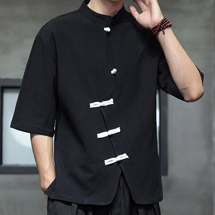 Buddha Stones Casual Plain Chinese Frog-Button Stand Collar Cotton Linen Men's Shirt