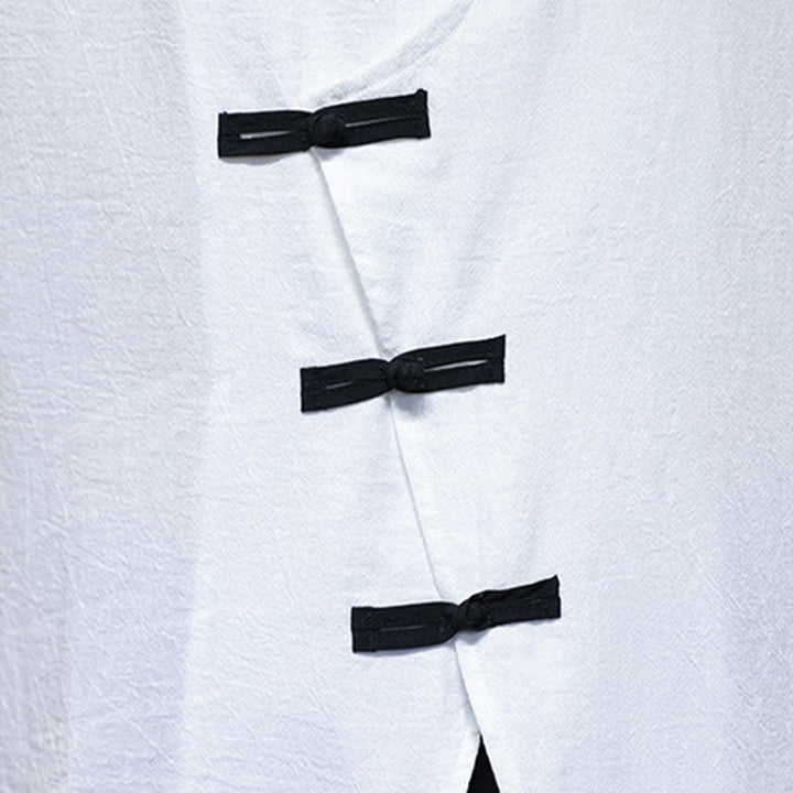 Buddha Stones Casual Plain Chinese Frog-Button Stand Collar Cotton Linen Men's Shirt