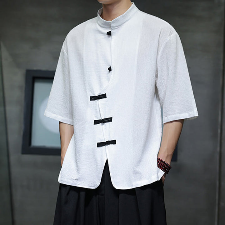 Buddha Stones Plain Chinese Frog-Button Stand Collar Cotton Linen Men's Half Sleeve Shirt - image 8