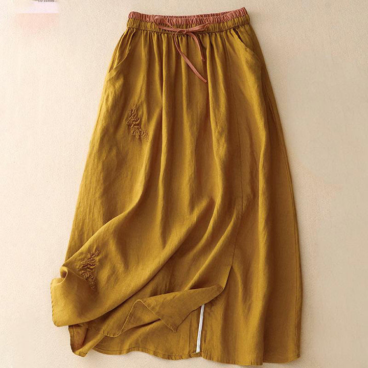 Buddha Stones Vintage Solid Embroidery Drawstring Cotton Linen Women's Skirt With Pockets - Goldenrod - US8-10，UK/AU12-14，EU40-42 (2XL) - image 25