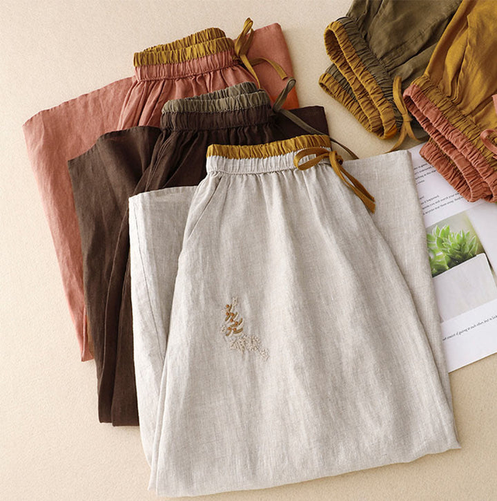 Buddha Stones Vintage Solid Embroidery Drawstring Cotton Linen Women's Skirt With Pockets - image 29