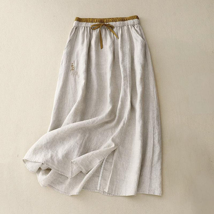 Buddha Stones Vintage Solid Embroidery Drawstring Cotton Linen Women's Skirt With Pockets - Beige - US8-10，UK/AU12-14，EU40-42 (2XL) - image 7