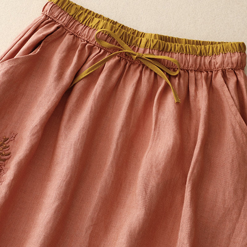 Buddha Stones Vintage Solid Embroidery Drawstring Cotton Linen Women's Skirt With Pockets - image 20