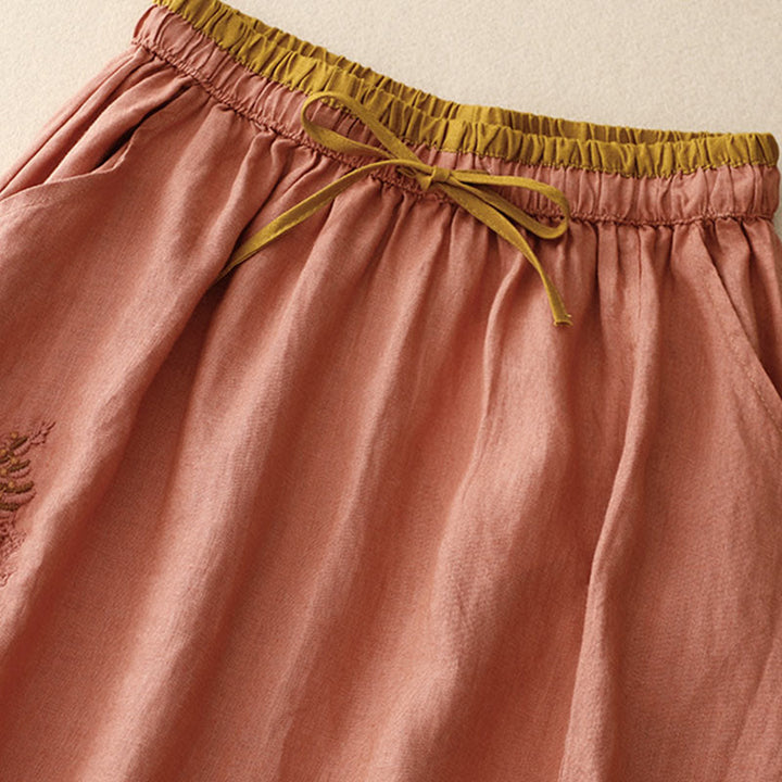 Buddha Stones Vintage Solid Embroidery Drawstring Cotton Linen Women's Skirt With Pockets - image 20