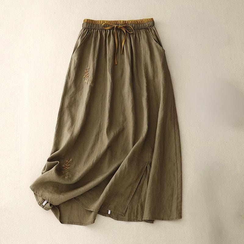 Buddha Stones Vintage Solid Embroidery Drawstring Cotton Linen Women's Skirt With Pockets - Olive - US8-10，UK/AU12-14，EU40-42 (2XL) - image 1