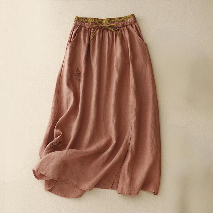 Buddha Stones Vintage Solid Embroidery Drawstring Cotton Linen Women's Skirt With Pockets - Coral - US8-10，UK/AU12-14，EU40-42 (2XL) - image 19