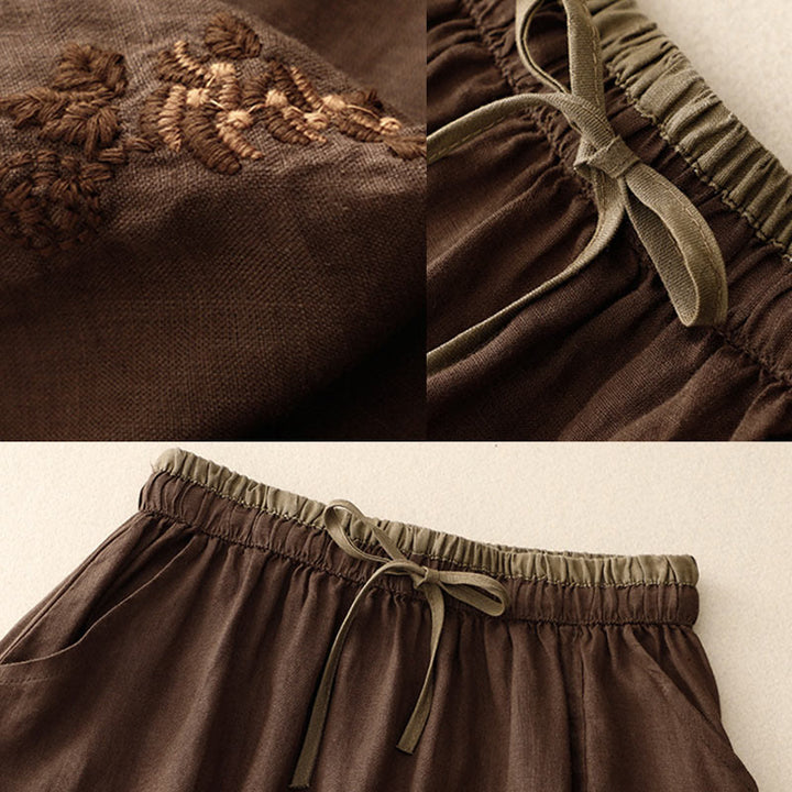 Buddha Stones Vintage Solid Embroidery Drawstring Cotton Linen Women's Skirt With Pockets - image 18