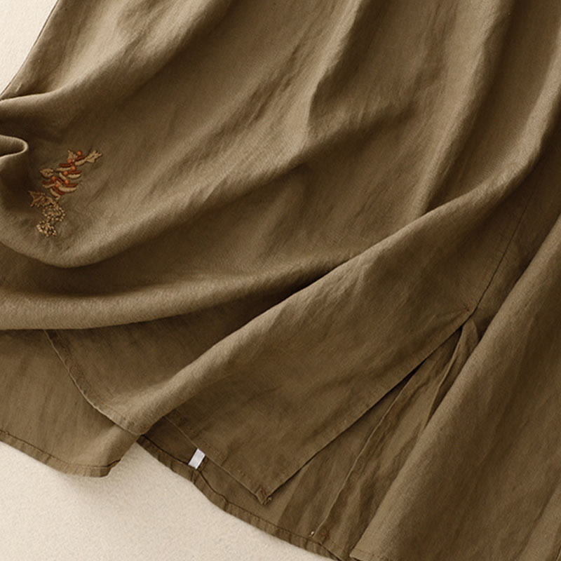Buddha Stones Vintage Solid Embroidery Drawstring Cotton Linen Women's Skirt With Pockets - image 5