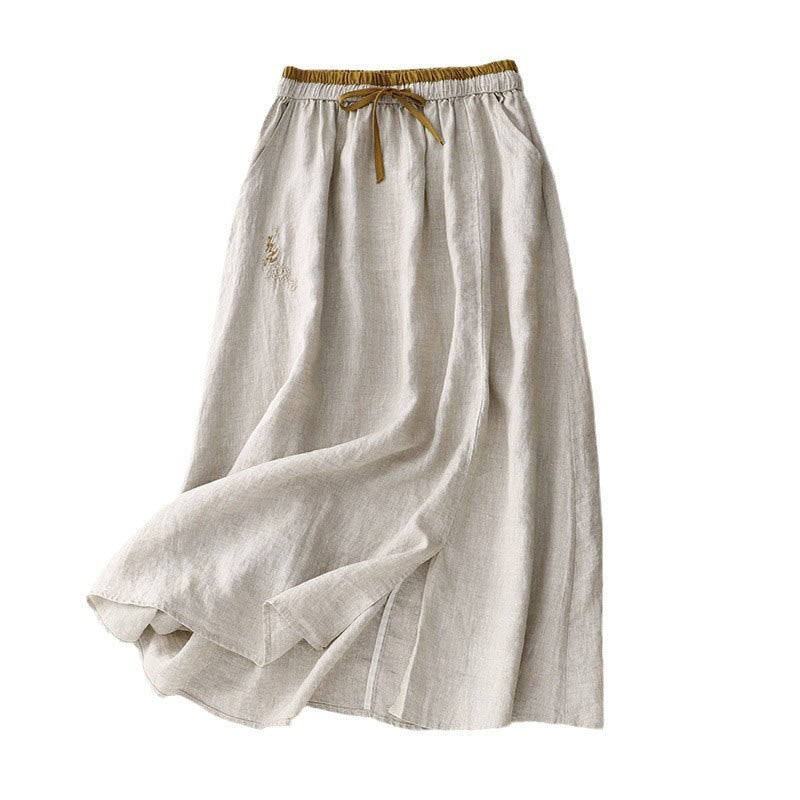 Buddha Stones Vintage Solid Embroidery Drawstring Cotton Linen Women's Skirt With Pockets - image 14