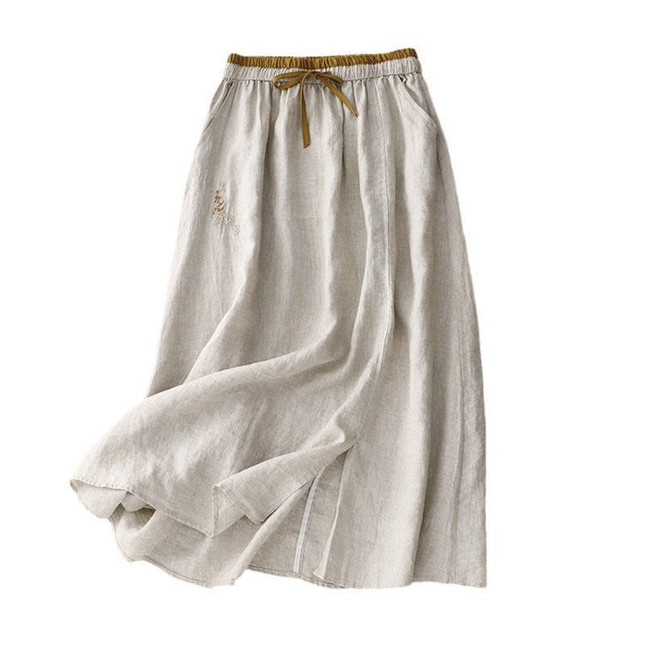 Buddha Stones Vintage Solid Embroidery Drawstring Cotton Linen Women's Skirt With Pockets - image 14