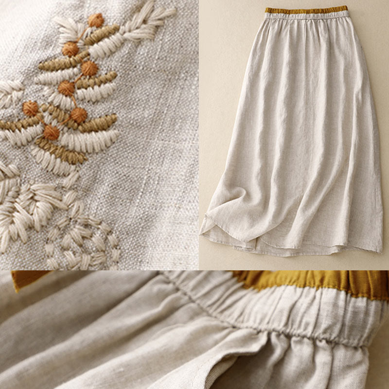 Buddha Stones Vintage Solid Embroidery Drawstring Cotton Linen Women's Skirt With Pockets - image 13