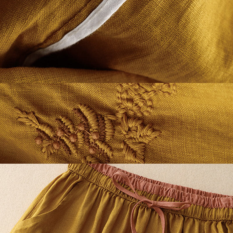 Buddha Stones Vintage Solid Embroidery Drawstring Cotton Linen Women's Skirt With Pockets - image 28