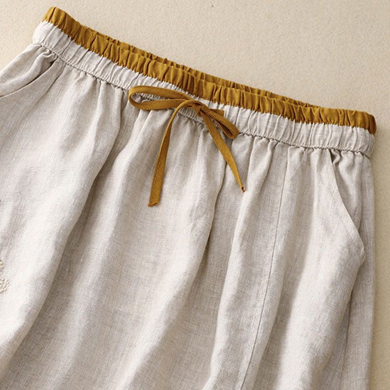 Buddha Stones Vintage Solid Embroidery Drawstring Cotton Linen Women's Skirt With Pockets - image 9